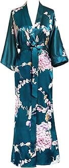Women's Satin Kimono Robe Long - Floral, Chrysanthemum & Crane - Peacock, One size