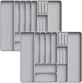 Lifewit 2 Pack Cutlery Drawer Organiser for Kitchen, Expandable Cutlery Tray, Adjustable Utensil and Silverware Holder, Plastic Flatware Spoons Forks Storage Insert, Large, Grey