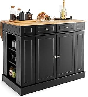 TANGZON Large Kitchen Island, Kitchen Sideboard with Extendable Rubber Wood Worktop, Drawers, Adjustable Shelves & Side Racks, Living Dining Room Cabinet Cupboard (Black Body)