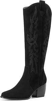 Womens Cowboy Boots Wide Calf Comfortable Pull On Zipper Chunky Heel Pointed Toe Embroidered Western Cowgirl Knee High Boots Ladies Retro Tall Boot