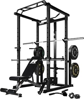 RitFit Squat Rack Power Cage Home Gym Package, Includes 1000LBS Power Rack with LAT Pull Down, Weight Bench, Rubber/Bumper Plates Set with Olympic Barbell (Package 1.2K (FBP 140LBS))-Black