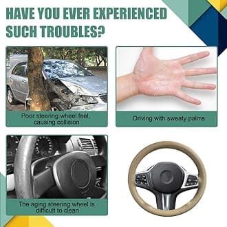 Genuine Leather Steering Wheel Cover, Universal Car Steering Wheel Protector with Needle Thread, Breathable Anti-Slip Steering Wheel Cover for Max Diameter 15 Inch, DIY Stitch on Wrap (Beige, Glossy)