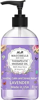 Maccibelle Lavender Massage Oil for Couples Therapeutic Massage with Vitamin E and Aloe Vera a for Soothing, Calming and Muscle Relief 8 oz (Lavender)
