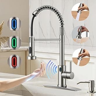 Touch-Less Kitchen Faucet, 3 Modes Pull Down Sprayer, LED Temperature Control,Ceramic Valve, 360-Degree Rotation, 1 or 3 Hole Deck Plate. 10-Year Warranty. (KW-79SN, Brushed Nickel)