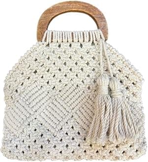 Handmade Macrame Women Fashion Bag Boho Cotton Handbag With Wooden Handle