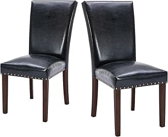 COLAMY Upholstered Parsons Dining Chairs Set of 2, PU Leather Dining Room Kitchen Side Chair with Nailhead Trim and Wood Legs - Black