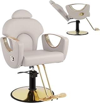 Salon Barber Chair, Reclining Salon Chair for Hair Stylist, Hair Salon Chair with Heavy Duty Hydraulic Pump, 360 Swivel Styling Braiding Hairdresser Chair for Home Barbershop, Gray Gold