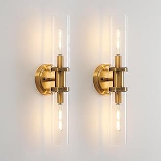 KUZZULL Wall Sconces Set of Two Brushed Brass Gold Modern Wall Lighting with Clear Glass Shades, 4.7in x 18.5in, Perfect for Bathroom, Mirror, Powder Room, Hallway, Kitchen, Living Room, Laundry Rooms