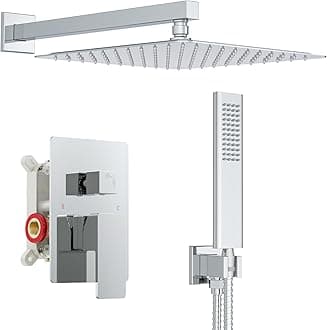 Iriber 12 Inch Bathroom Shower System Polish Chrome Wall Mounted Square Mixer Shower Faucet Combo Set with Hand Held Rough-in Valve Rainfall Shower and Trim
