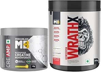 MuscleBlaze Pre Workout WrathX with Creapure, Nitroblaze & BioPerine (Fruit Fury, 340g, 20 Servings) & Creatine Monohydrate CreAMP (120g, Citrus Blast)