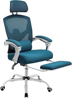 DUMOS Home Office Desk Chair with Footrest, High-Back Mesh Rolling Swivel Reclining Chairs with Wheels, Comfortable Headrest, Lumbar Support, Comfy Arms for Home, Office, Gaming, Student, Blue