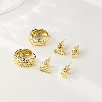 Gold Hoop Earrings Set for Women Trendy, 14K Gold Plated Chunky Hypoallergenic Small Diamond Cartilage Hoops Cute Cubic Zirconia Dangle Stud Earrings Jewelry Gifts