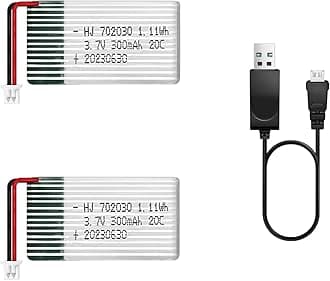 2 Pcs 3.7V Lipo Battery, 300 mAh Rechargeable Lithium Polymer Battery for RC Plane Helicopter Drone All Models & Toys (PH1.25 Connector)