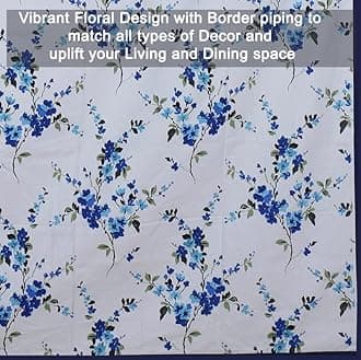 100% Cotton 6 Seater Dining Table Cover with Piping, Floral,145 cm X 220 cm,Blue and White
