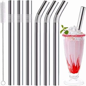 Stainless Steel Smoothie Straws, 0.4'' Extra Wide Reusable Metal Drinking Straws for Milkshake, Smoothie, Beverage, Set of 6 with 1 Cleaning Brush (3pcs 10.5'' Bent |3pcs 8.5'' Straight)