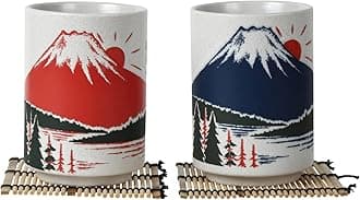 Japanese Tea Cups Sushi-Yunomi Mino Ware With Bamboo Coaster (Set of 2) (Mt. Fuji)