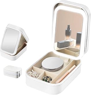 Travel Makeup Bag, Makeup Vanity Box with Mirror and Lights, Vanity Case with 4 Dividers Compartment for Women, 3 Colors Modes (White)