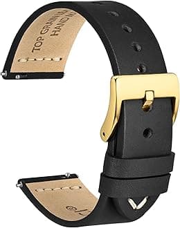 WOCCI 22mm Old-fashioned Watch Band for Men, Top Grain Leather, Golden Polished Buckle (Black)