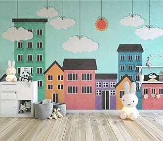 Cartoon City Nursery Wallpaper, Kids Cartoon Cloud and Sun Wall Mural Nursery Colorful Homes Wall Decor Boys Bedroom- Peel and Stick- Custom Color I Custom Size (Kids Cartoon City Nursery)