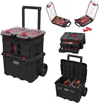 Keter Stack-n-Roll Modular Tools Organizer for Garage Storage and DIY, 4 Piece Resin Rolling Tool Box System for Small Parts, Black