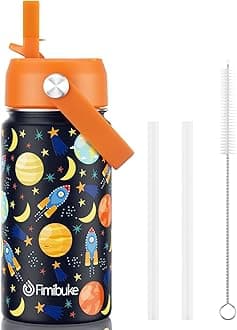 Kids Insulated Water Bottle, 14oz BPA FREE 18/8 Stainless Steel Travel Tumbler Double Wall Vacuum Leak Proof Kids Cup with Straw Metal Water Bottle for School Boys Girls(1 Pack, Space)