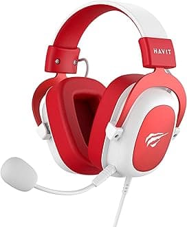 Havit Gaming Headphone, Red & White - 53mm Speaker, Omnidirectional Sound Pickup, Adjustable Head Beam, Compatible with Gaming Devices, Multifunction Wire Control, Leather Earmuffs