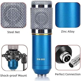 TECHBLAZE Professional Condenser Microphone Kit with Audio Interface Voice Changer DJ Mixer Studio Recording Mike with Amplifier for Live Streaming Podcasting Singing Audio Record (Blue)