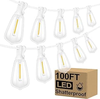 Brightever LED Outdoor String Lights,100FT Patio Lights with 52 Shatterproof ST38 Vintage Edison Bulbs 2700K Dimmable, Outside Hanging Light Waterproof for Porch Deck, Garden, Backyard, Balcony White