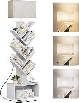 Evermagin 6 Tier Tree Bookshelf with Light, Narrow Bookcase Tower, Tall Floor Standing Book Shelf Organizer with Storage Cabinet for Living Room, Bedroom and Home Office, White