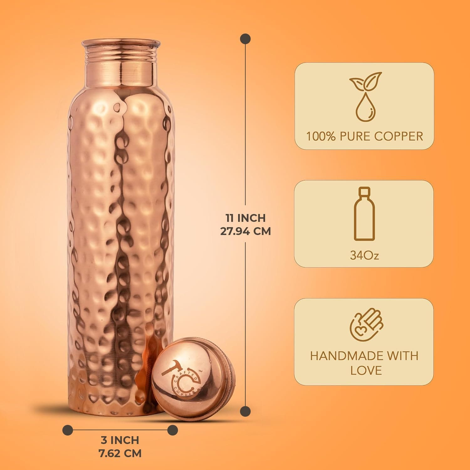 Copper Water Bottle For Drinking 34 Oz Extra Large - Ayurvedic 100% Pure Copper Vessel For Drinking - Drink More Water with Lower Your Sugar Content - Enjoy The Healthy Benefits (Hammered, 1)