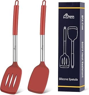 Silicone Spatula Set of 2 Heat-Resistant 600°F & BPA-Free Kitchen SaptulaTurner with Stainless Steel Handles, Slotted & Solid Spatulas for Nonstick Cookware, 13.7 Inch, Red