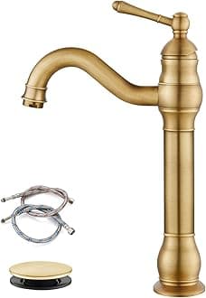 Vessel Sink Faucet Antique Brass Bathroom Single Handle Lavatory Vanity Mixer Bar Tap with Pop Up Drain Tall Spout Single Hole Deck Mount