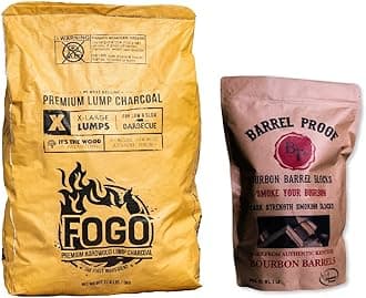FOGO Premium Hardwood Lump Charcoal, Natural Large Sized Lump Charcoal, 17.6 Pound Bag and FOGO Barrel Proof Bourbon Barrel Blocks, 2 Pound Resealable Bag, Bundle
