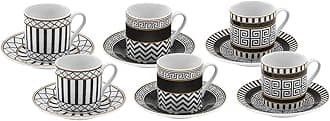KARACA Helenistik Porcelain Turkish Coffee Cups Set for 6 People - 12 Piece Espresso Cup with Saucers - Drinking Serving Gift Set for Women - Ideal for Serving Turkish Coffee (Black and White, 80 ml)