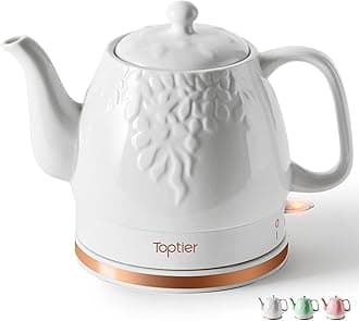 Electric Ceramic Tea Kettle, Boil Water Quickly and Easily, Detachable Swivel Base & Boil Dry Protection, Carefree Auto Shut Off, 1 L, White Leaf