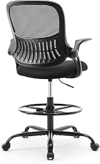 Tall Drafting Desk Chair - Ergonomic High Stool Computer with Adjustable Height and Comfy Lumbar Support, Office Rolling Counter with Flip-up Arm and Footrest, Black