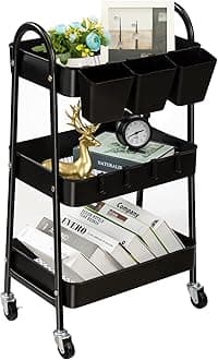 danpinera 3-Tier Rolling Cart, Utility Cart Mobile Metal Rolling Storage Cart with Lockable Wheels & Hanging Cups & Hooks for Kitchen, Bathroom, Office, Workshop, Black