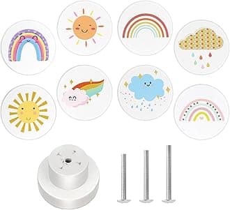 Boho Rainbow Drawer Knob Pulls Round Wood Cabinet Knobs for Boys Girls Kids Dresser Knobs for Nursery Closet Cupboard Wardrobe Rainy Cloudy (8-Pack)