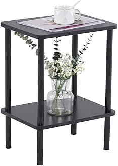 2 Tier End Table, Small Side Table with Solid Wood Legs, Boho Bedside Table with Storage Shelf, Nightstand for Small Spaces, Bedroom, Living Room, Entryway, Farmhouse, Easy Assembly, Black
