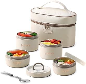 ArderLivePortable Insulated Lunch Container, Portable Insulated Food Container for Adults Thermal Lunch Bento Box Stainless Steel Microwave Safe, Beige 4Pcs 68oz/8.5 Cup