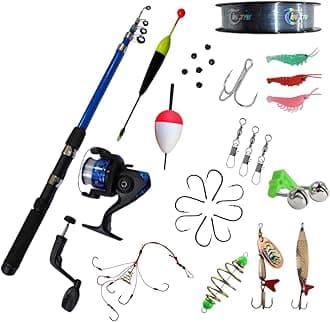 Fishing Rod and Reel Combo Kit, Telescopic Rod with Spinning Reel, Hooks, Lures and Accessories, for Fresh and Salt Water|Fishing Rod Combo|