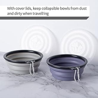 SLSON Dog Bowls Pet Collapsible Bowl with Cover Lids,2 Pack Dog Travel Bowls Portable Foldable Cat Water Dish Bowl for Pets Walking Parking Camping (Taro Purple and Concrete Gray, Small)