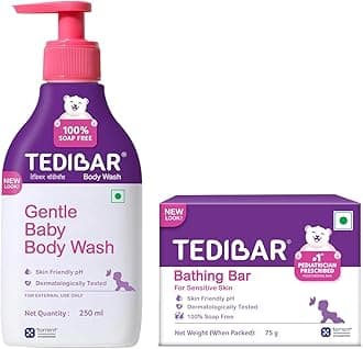 Tedibar Rich Moisturising Baby Body Wash 250ml with Skin Friendly PH | 100% Soap & Alkali Free With Tedibar Moisturising Baby Bathing Bar 75g(Pack of 1) with Skin Friendly PH- By Torrent Pharma