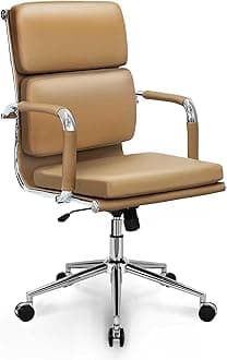 NEO CHAIROffice Desk Ergonomic Chair Leather Executive Mid-Back Modern Conference Comfy Adjustable Padded Swivel Rolling Home Vanity Chairs with Arms Wheels (Brown)