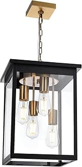 TODOLUZ Outdoor Pendant Light Fixtures, 4-Lights Large Outdoor Ceiling Hanging Lanterns in Black & Brushed Brass, Farmhouse Exterior Chandelier for Front Door Entry Patio