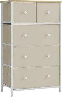SONGMICS Chest of Drawers, Fabric 5-Drawer Storage Organiser Unit, Dresser, for Living Room, Hallway, Nursery, Camel Yellow and Cream White LTS514W01
