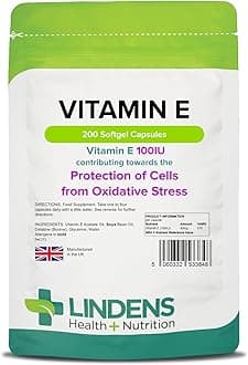 Lindens Vitamin E Oil 100IU - 200 Capsules - UK Made - Skin - Powerful Antioxidant | Protection of Cells from Oxidative Stress | Vitamin E Capsules | Letterbox Friendly