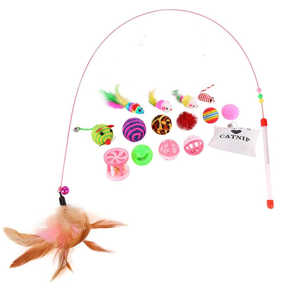 Cat Toy Set, Feather Teaser Wand Catnip Ball Mouse Interactive Funny Variety Gift Pack for Kitty 16 Pieces
