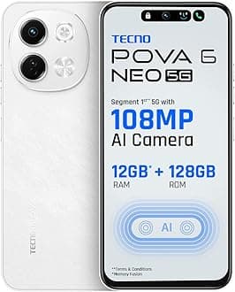 Tecno POVA 6 NEO 5G (Aurora Cloud, 6GB+128GB) | Advanced AI Features | 108MP Ultra Clear AI Camera | D6300 Powerful Processor | 5 Year Lag Free Fluency | 5000 mAh Battery | in Built Infrared and NFC