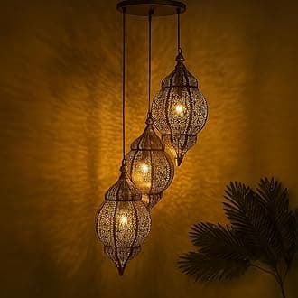 Homesake Round Cluster Chandelier Ceiling Antique Copper Classic Moroccan Orb Pendant Hanging Decoration Lights for Home Decor Items (Brown) - 3 Lights